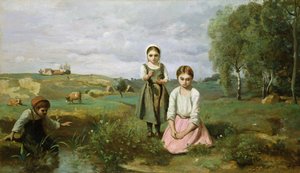 Kinderen naast een beek in het platteland, Lormes door Jean Baptiste Camille Corot